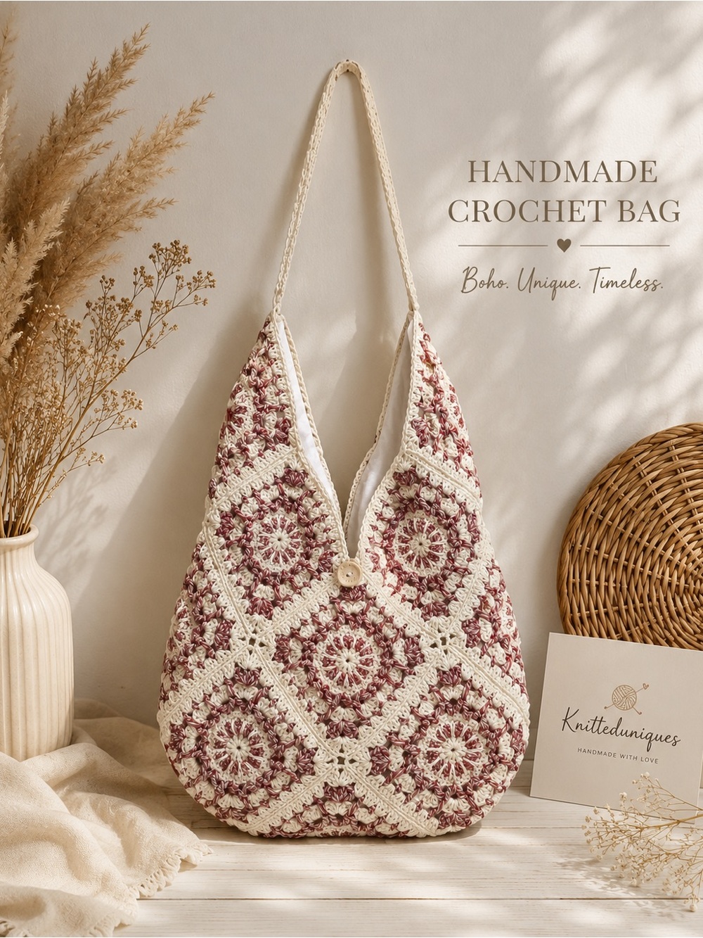 Boho Crochet Tote Bag in Ivory & Mauve - Handcrafted Knit Design